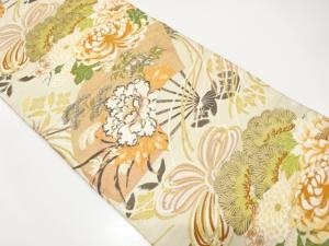 アンティーク　扇に牡丹・菊・松模様織り出し丸帯（材料）